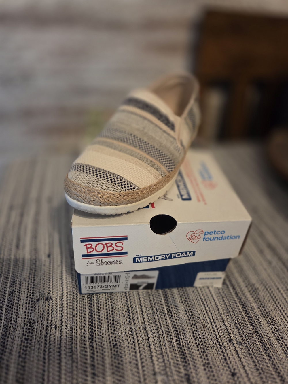 BOBS from Skechers Beige and Navy Striped Slip-On Flats